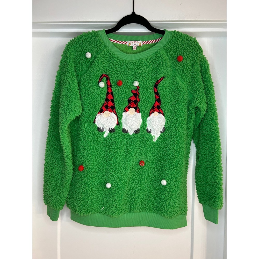 Merry Christmas by Poof Green Sherpa Gnome Sweatshirt Small Holiday Poms Ugly